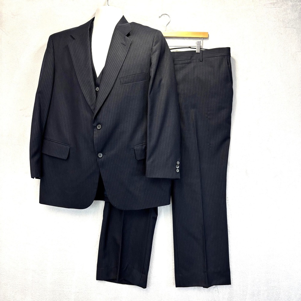 Vintage USA 3 Piece Suit Mens 46 43x27 Blue Pinstripe‎ Blazer Vest Pants